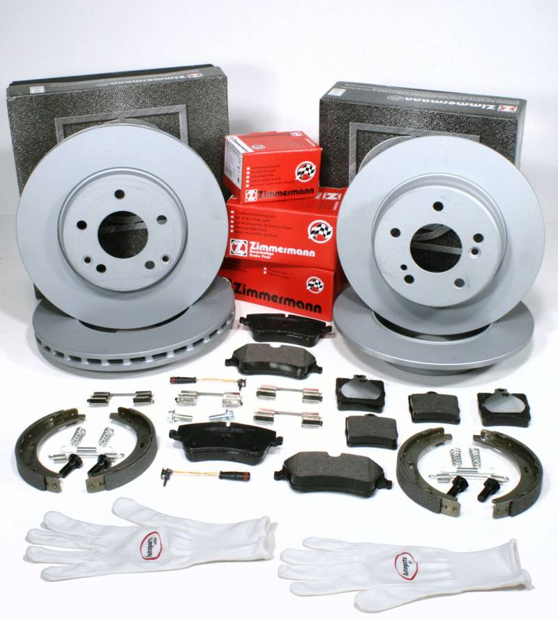 Autoparts-Online Set 60010545 Zimmermann Bremsscheiben Coat Z + Bremsbeläge Sensoren + Handbremsbacken Zubehör für vorne + hinten von Autoparts-Online