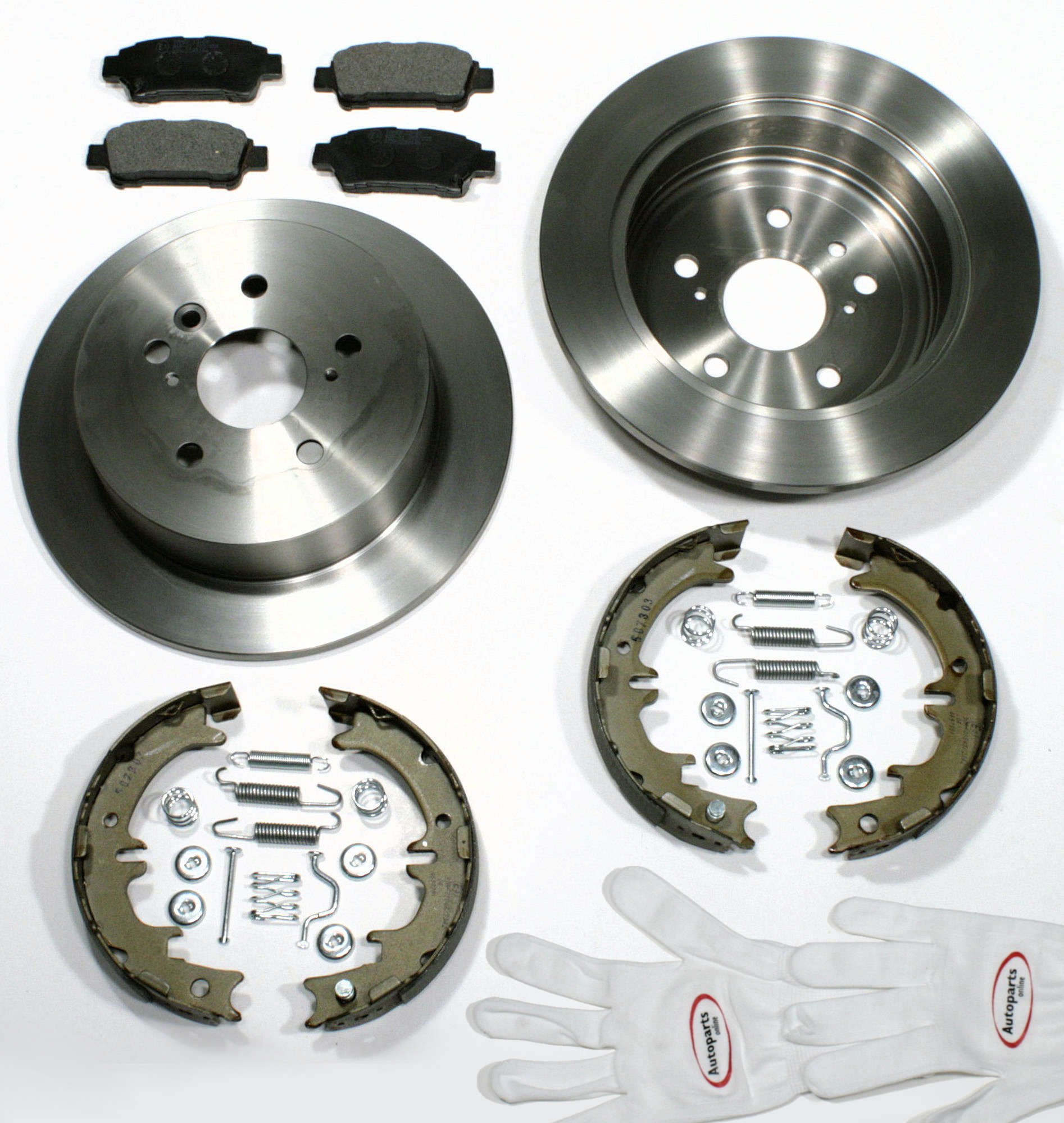 Autoparts-Online Set 60016635 Bremsscheiben und Bremsbeläge mit Handbremsbacken und Zubehör Satz für hinten die Hinterachse von Autoparts-Online