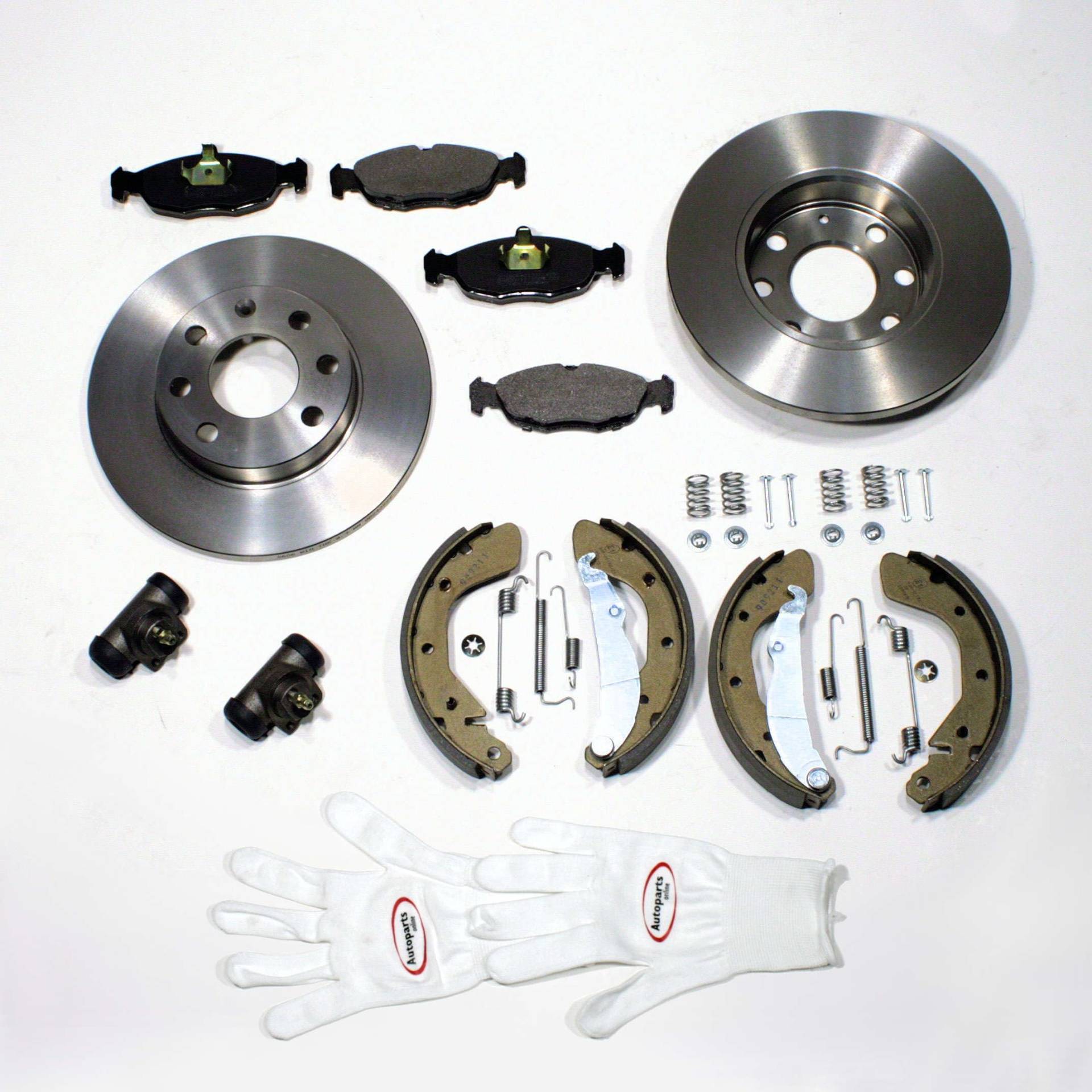 Autoparts-Online Set 60017007 Bremsscheiben Bremsbeläge für vorne Bremsbacken mit Zubehör Satz Radbremszylinder für hinten von Autoparts-Online