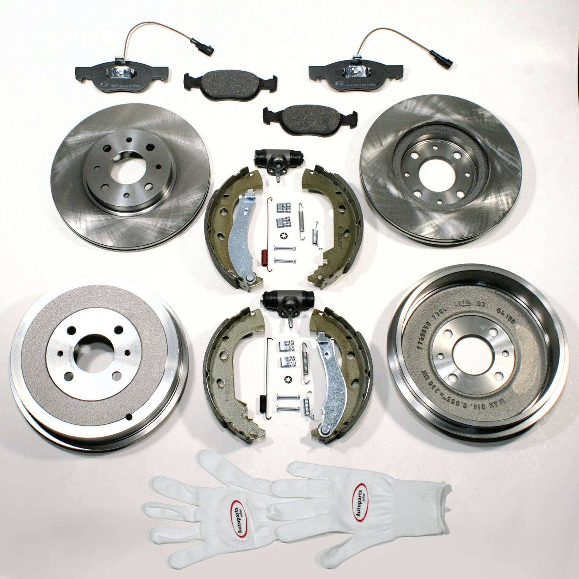 Autoparts-Online Set 60017687 Bremsscheiben und Bremsbeläge für vorne Bremstrommel Bremsbacken Set mit Zubehör Satz und Radbremszylindern hinten von Autoparts-Online