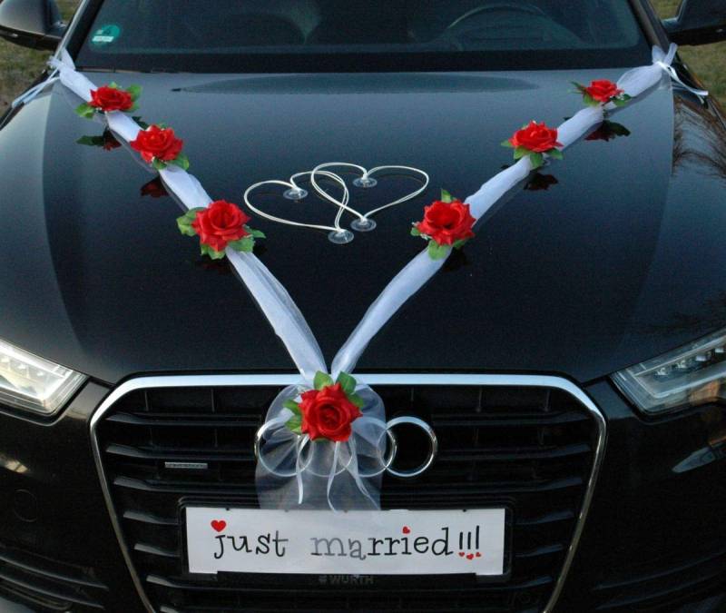 ORGANZA M + HERZEN Braut Paar Rose Deko Dekoration Autoschmuck Hochzeit Car Auto Wedding Deko Ratan Girlande ®Auto-schmuck PKW (Rot/Weiß/Weiß) von Auto-schmuck so einfach so kreativ