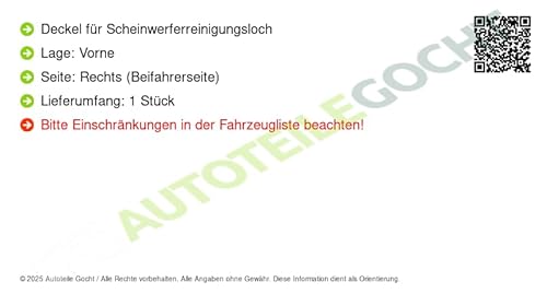 Deckel für Scheinwerferreinigungsloch Rechts Kompatibel mit BMW 2009-2017 von von Autoteile Gocht