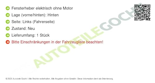 Fensterheber Elektrisch Ohne Motor Hinten Links Kompatibel mit von Autoteile Gocht von Autoteile Gocht