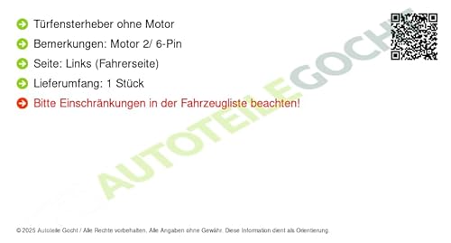 Fensterheber Elektrisch Ohne Motor Links Kompatibel mit Citroen 1999-2012 von von Autoteile Gocht