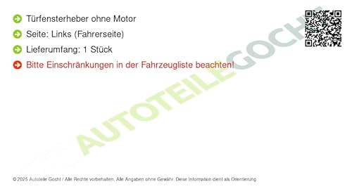 Fensterheber Elektrisch Ohne Motor Links Kompatibel mit VW 2003-2018 von von Autoteile Gocht