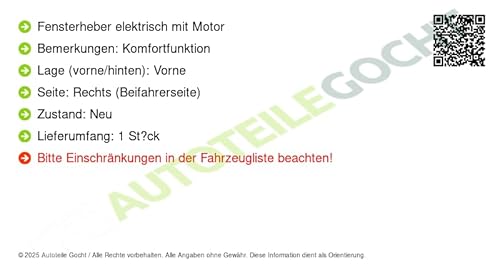 Fensterheber Elektrisch mit Motor Kompatibel mit Renault 2005-2009 von Autoteile von Autoteile Gocht