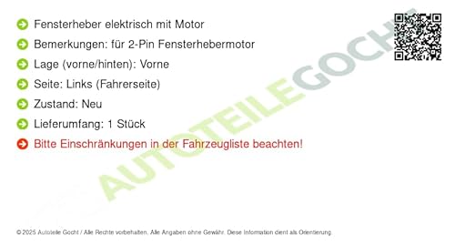 Fensterheber Vorne Links Kompatibel mit Peugeot Partner Pritsche Tepee Citroen Berlingo B9 Multispace 2010-2020 von Autoteile Gocht von Autoteile Gocht