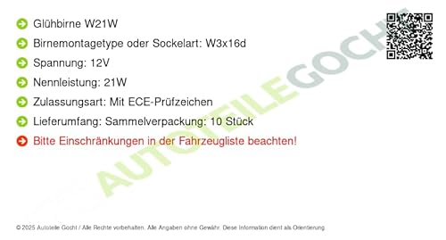 Glühbirne W21W Kompatibel mit Audi A1 A3 Cabrio Limo Q3 BMW F20 F21 F23 F22 F87 Coupe X4 Fiat 124 Spider 500 Doblo Cargo Kombi von Autoteile Gocht von Autoteile Gocht