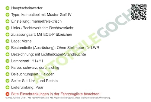 Hauptscheinwerfer Vorne Links/Rechts Kompatibel mit VW Golf 3 1H Variant 1H5 1991-1999 von Autoteile Gocht von Autoteile Gocht