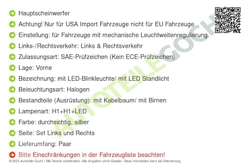 Hauptscheinwerfer Vorne Links/Rechts Kompatibel mit von Autoteile Gocht von Autoteile Gocht