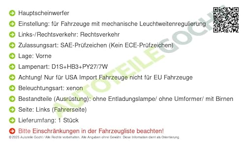 Hauptscheinwerfer Vorne Links Kompatibel mit von Autoteile Gocht von Autoteile Gocht