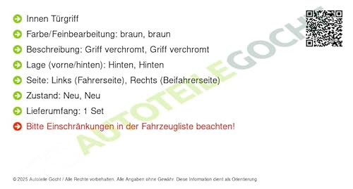 Set Tür Griff Innentürgriff + Set Satz Hinten Links/Rechts Kompatibel mit Honda Civic Viii Limo FD FA 2005-2012 von Autoteile Gocht von Autoteile Gocht