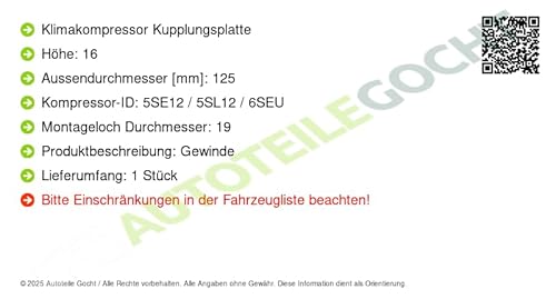 Klimakompressor Kupplungsplatte Kompatibel mit Toyota 2005-2016 von Autoteile von Autoteile Gocht