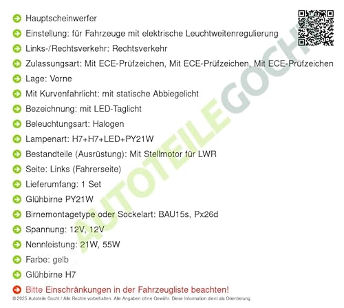 Oem/Oes Scheinwerfer + Glühbirnen H7+H7 Links Kompatibel mit von Autoteile Gocht von Autoteile Gocht