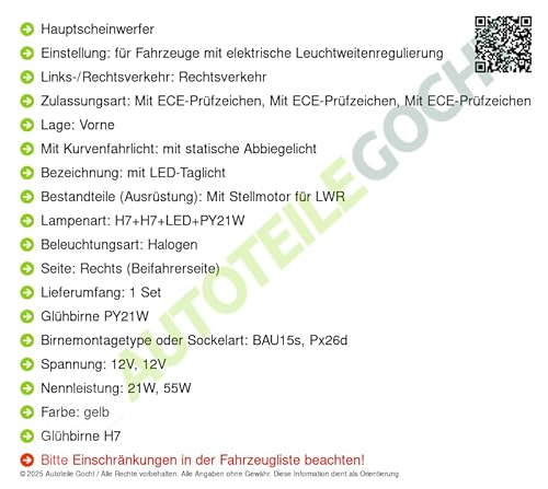 Oem/Oes Scheinwerfer + Glühbirnen H7+H7 Rechts Kompatibel mit von Autoteile von Autoteile Gocht