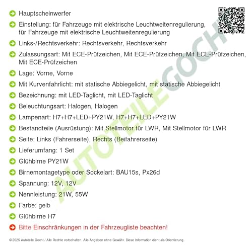 Oem/Oes Scheinwerfer + Glühbirnen H7+H7 Set + Links Kompatibel mit von von Autoteile Gocht