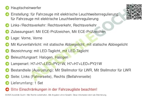 Oem/Oes Scheinwerfer H7+H7 Set + Links/Rechts Kompatibel mit von Autoteile von Autoteile Gocht