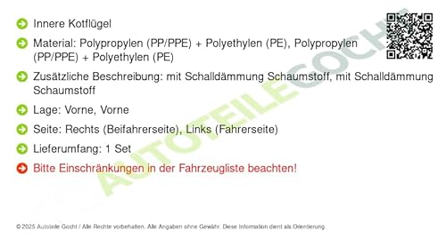 Radhausschale Verkleidung Kotflügel Set u. Vorne Links/Rechts Kompatibel mit Lexus ES Limo 2012-2015 von Autoteile Gocht von Autoteile Gocht