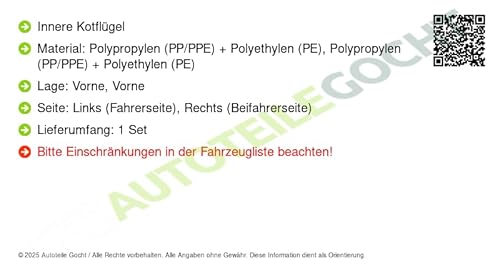 Radhausschale Verkleidung Kotflügel Set u. Vorne Links/Rechts Kompatibel mit Toyota Corolla Limo E15 2010-2014 von Autoteile Gocht von Autoteile Gocht