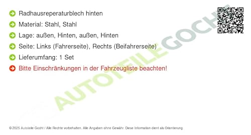 Reparaturblech für Radhaus Kotflügel Stahl Set u. Hinten Links/Rechts Kompatibel mit VW Crafter 30-50 2E 2006-2016 von Autoteile Gocht von Autoteile Gocht