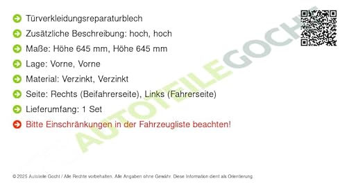 Reparaturblech für Tür Verzinkt Set u. Vorne Links/Rechts Kompatibel mit Mercedes Sprinter B905 2-Türer 2001-2006 von Autoteile Gocht von Autoteile Gocht