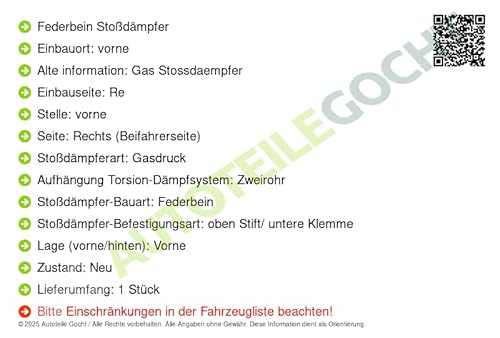 SRL Federbein Stoßdämpfer Vorne Rechts Kompatibel mit Peugeot 307 CC Cabrio 2003-2009 von Autoteile Gocht von Autoteile Gocht