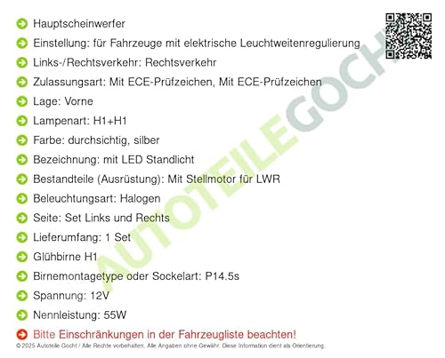 Scheinwerfer + Glühbirnen Set H1+H1 Links/Rechts Kompatibel mit von Autoteile von Autoteile Gocht