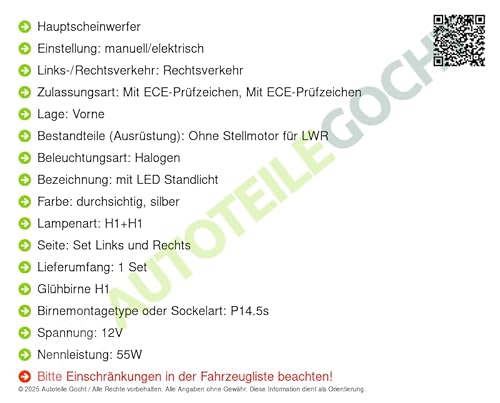 Scheinwerfer + Glühbirnen Set H1+H1 Links/Rechts Kompatibel mit von Autoteile von Autoteile Gocht