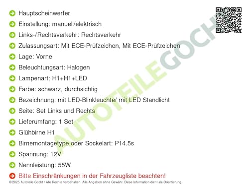 Scheinwerfer + Glühbirnen Set H1+H1 Links/Rechts Kompatibel mit von Autoteile von Autoteile Gocht