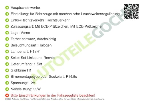 Scheinwerfer + Glühbirnen Set H1+H1 Links/Rechts Kompatibel mit von Autoteile von Autoteile Gocht