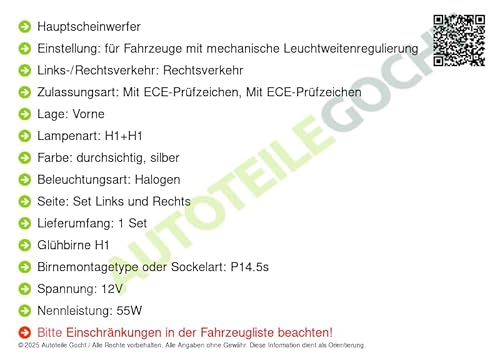 Scheinwerfer + Glühbirnen Set H1+H1 Links/Rechts Kompatibel mit von Autoteile von Autoteile Gocht