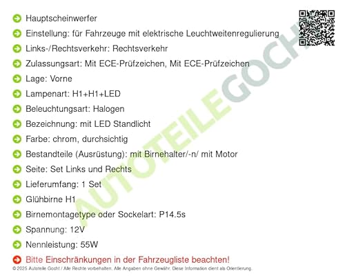 Scheinwerfer + Glühbirnen Set H1+H1 Links/Rechts Kompatibel mit von Autoteile von Autoteile Gocht