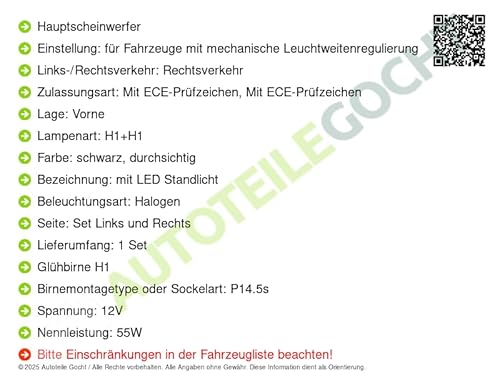 Scheinwerfer + Glühbirnen Set H1+H1 Links/Rechts Kompatibel mit von Autoteile von Autoteile Gocht