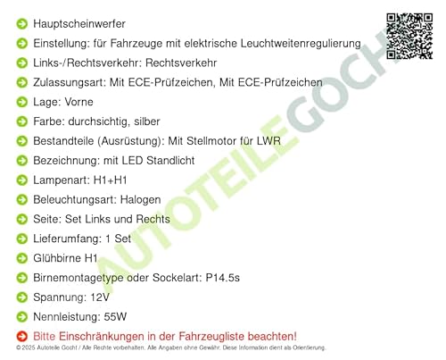 Scheinwerfer + Glühbirnen Set H1+H1 Links/Rechts Kompatibel mit von Autoteile von Autoteile Gocht