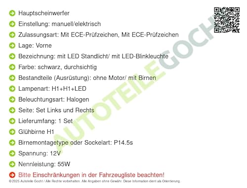 Scheinwerfer + Glühbirnen Set H1+H1 Links/Rechts Kompatibel mit von Autoteile von Autoteile Gocht