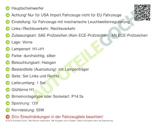 Scheinwerfer + Glühbirnen Set H1+H1 Links/Rechts Kompatibel mit von Autoteile von Autoteile Gocht