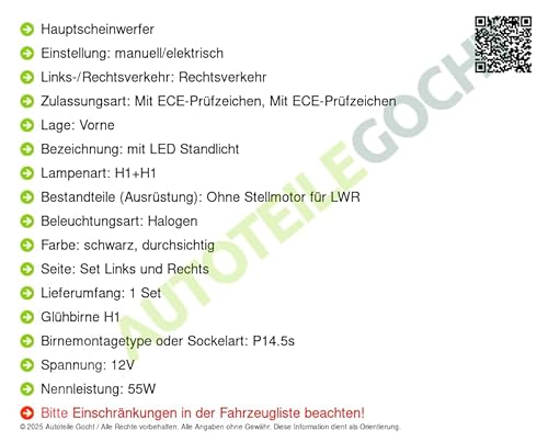 Scheinwerfer + Glühbirnen Set H1+H1 Links/Rechts Kompatibel mit von Autoteile von Autoteile Gocht