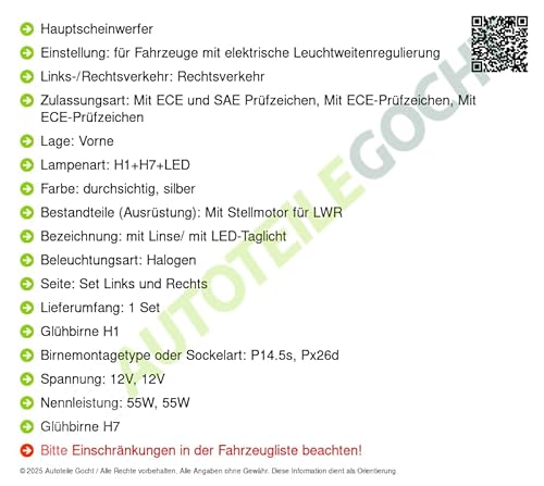 Scheinwerfer + Glühbirnen Set H1+H7 Links/Rechts Kompatibel mit von Autoteile von Autoteile Gocht