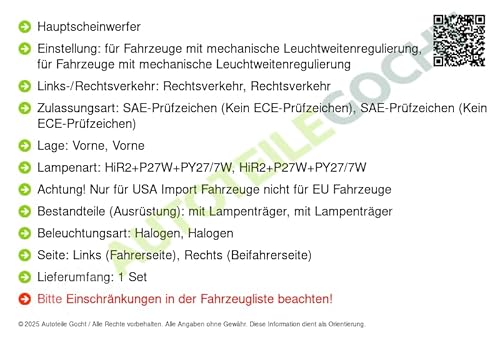 Scheinwerfer Hir2 mit Lampenträger Set u. Links Kompatibel mit von Autoteile von Autoteile Gocht