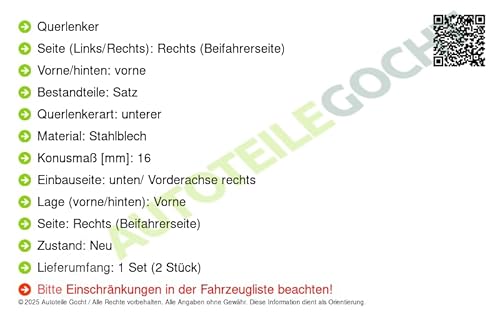 Set SRL Querlenker m. Lager Vorne Links/Rechts Kompatibel mit Renault Megane I Ba0/1 1996-2003 von Autoteile Gocht von Autoteile Gocht