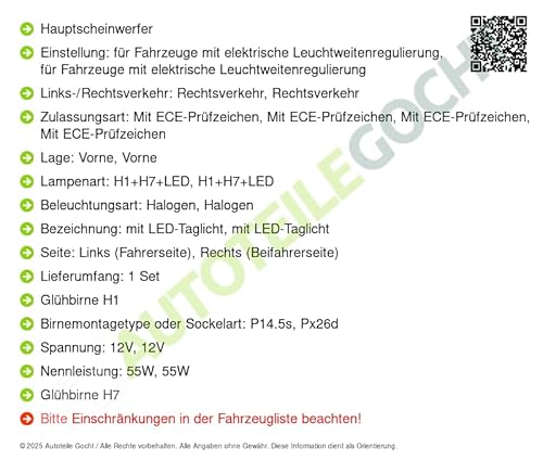 Set Scheinwerfer mit Glühbirnen H1/H7/Led Links Kompatibel mit von Autoteile von Autoteile Gocht