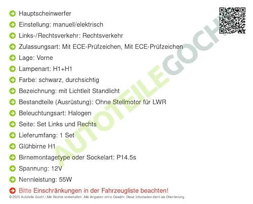 Tuning Scheinwerfer H1/H1 Ohne Stellmotor Schwarz Glasklar Links/Rechts von Autoteile Gocht