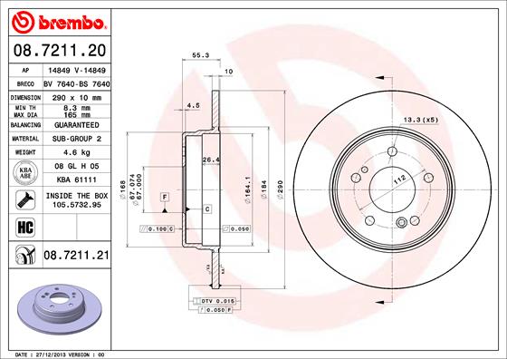 Bremsscheibe Hinterachse Brembo 08.7211.21 von Brembo