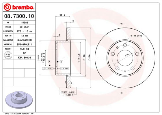 Bremsscheibe Hinterachse Brembo 08.7300.10 von Brembo