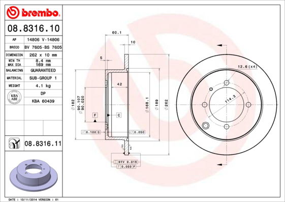 Bremsscheibe Hinterachse Brembo 08.8316.11 von Brembo