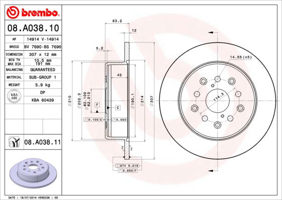 Bremsscheibe Hinterachse Brembo 08.A038.11 von Brembo