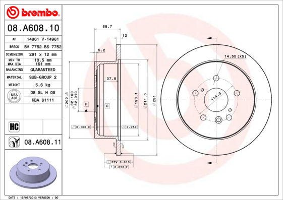 Bremsscheibe Hinterachse Brembo 08.A608.11 von Brembo