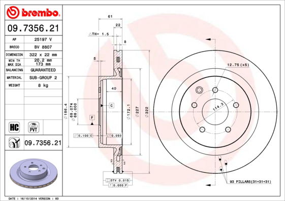 Bremsscheibe Hinterachse Brembo 09.7356.21 von Brembo