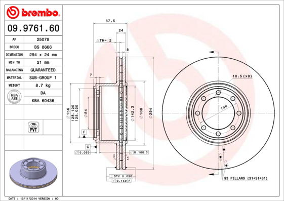 Bremsscheibe Hinterachse Brembo 09.9761.60 von Brembo