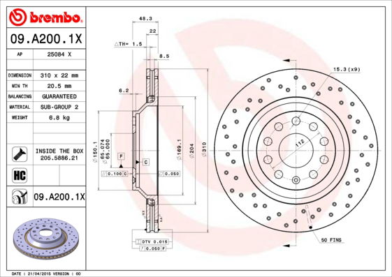 Bremsscheibe Hinterachse Brembo 09.A200.1X von Brembo